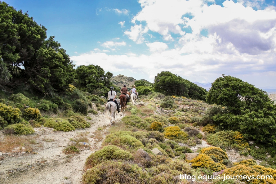 Riders climbing a hill on horseback in Greece