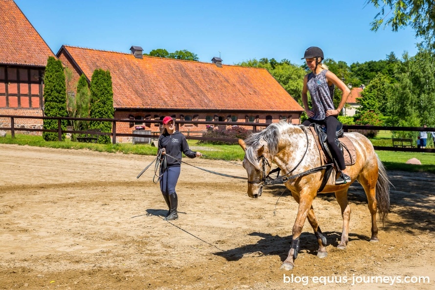 Rider being guided around the pen in Galiny